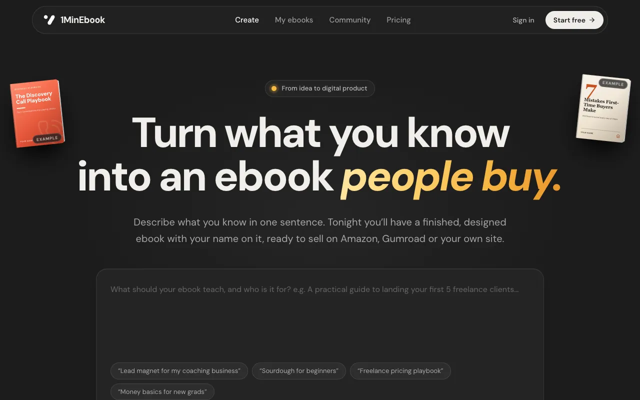 1MinEbook homepage preview