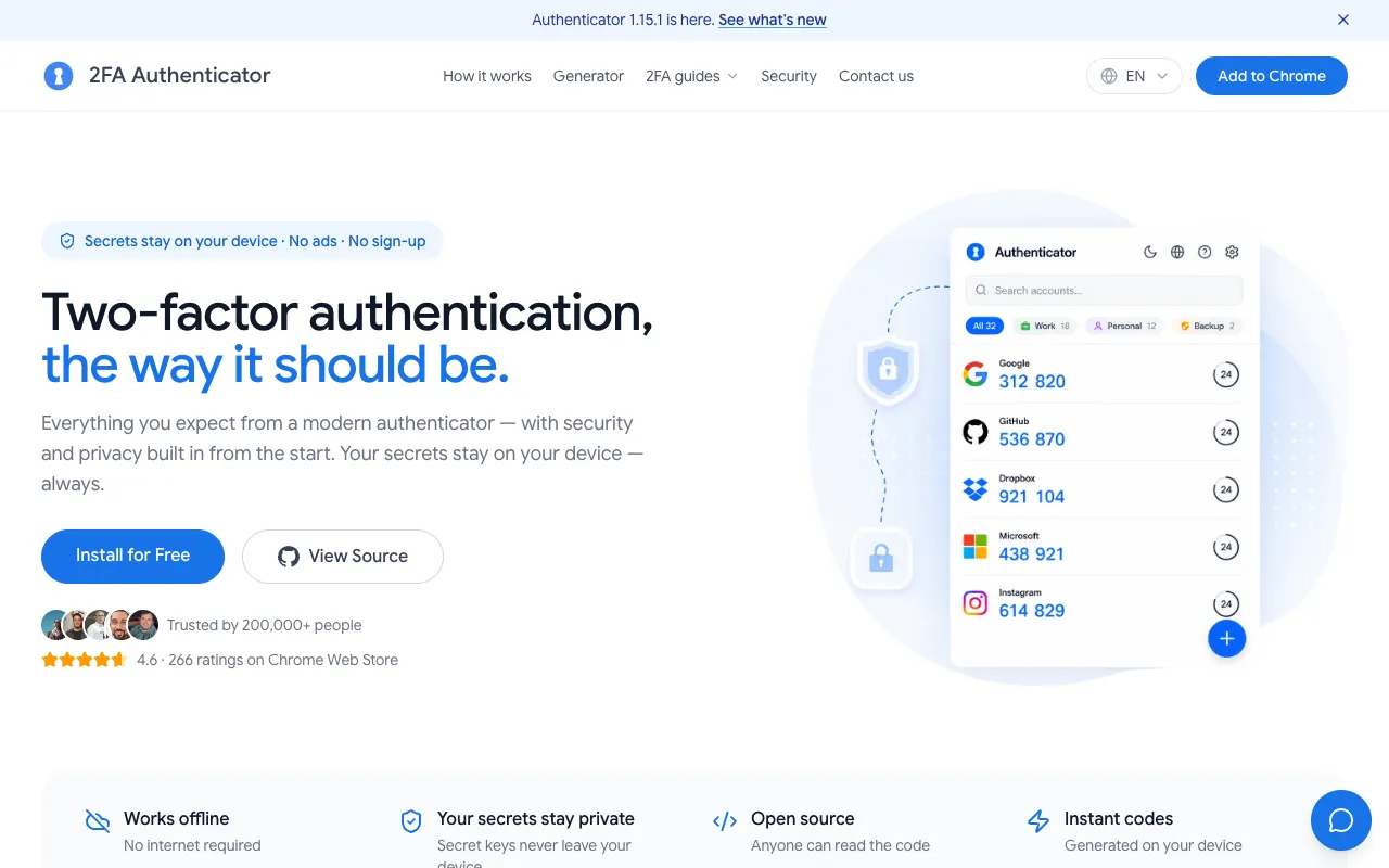 2FA Authenticator homepage preview