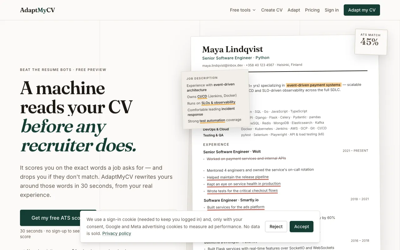 AdaptMyCV homepage preview