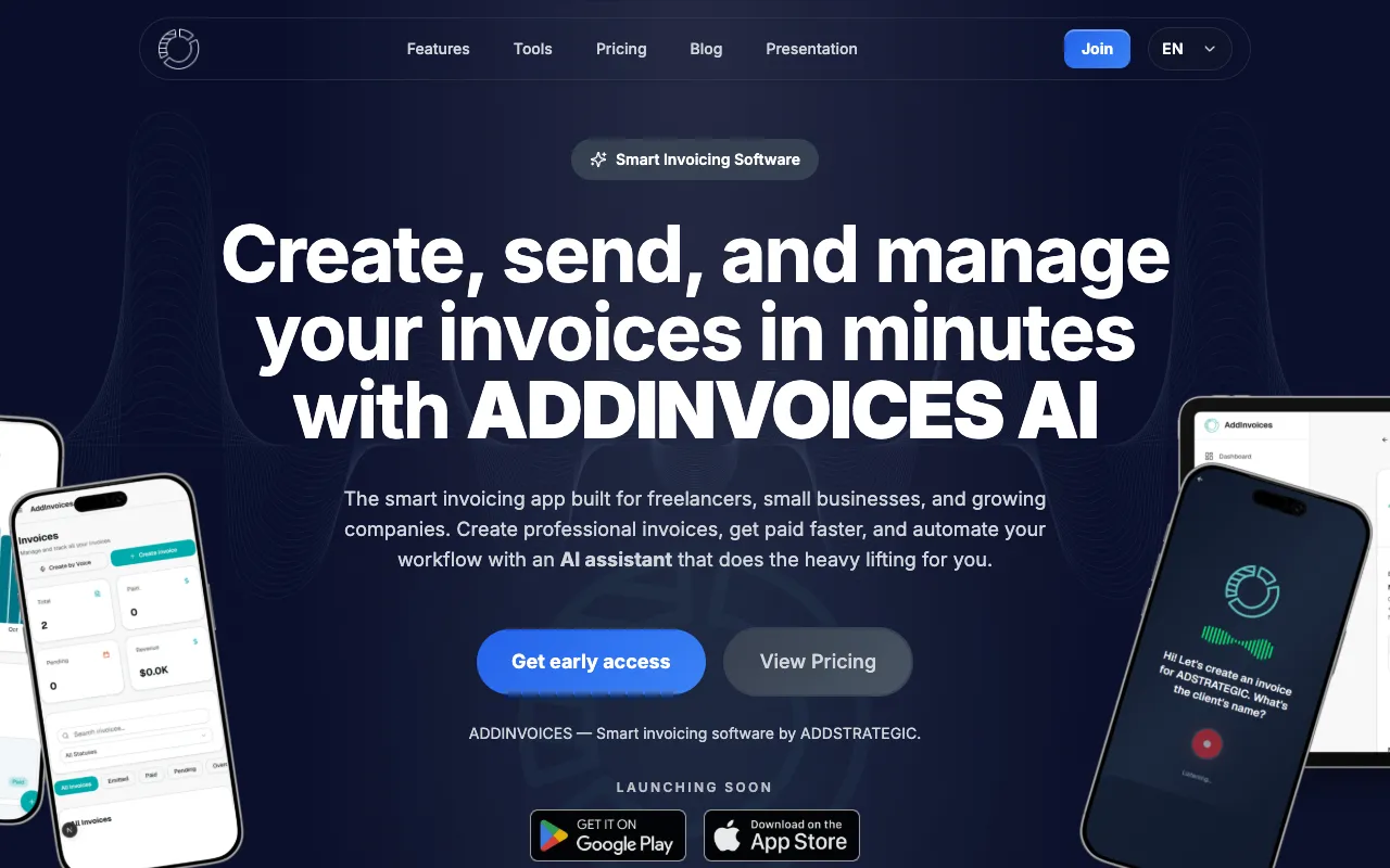 ADDINVOICES homepage preview