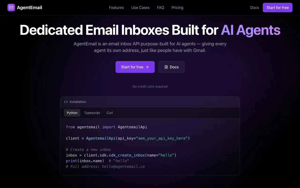 AgentEmail homepage preview