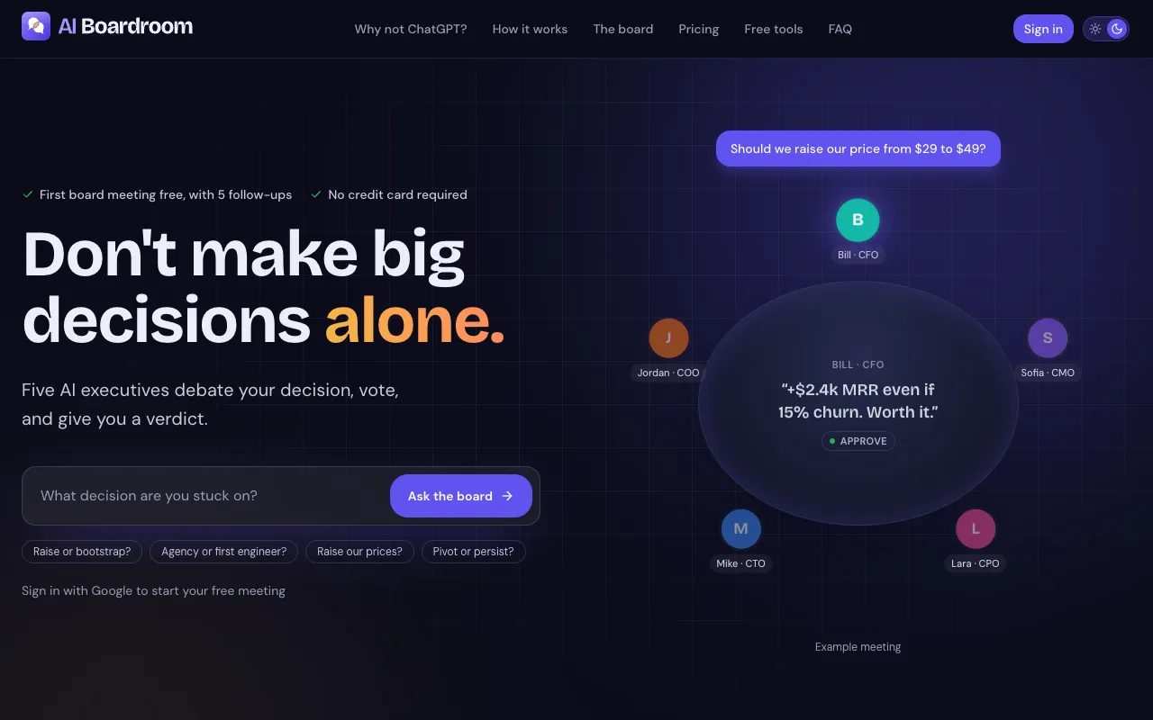 AI Boardroom homepage preview