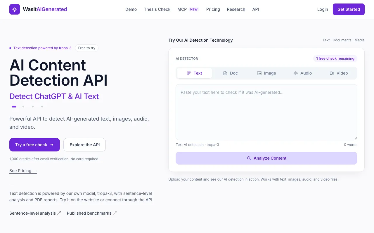 WasItAIGenerated homepage preview