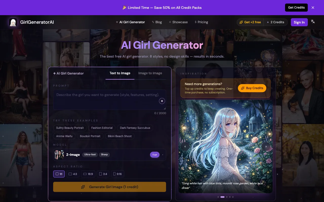GirlGeneratorAI homepage preview