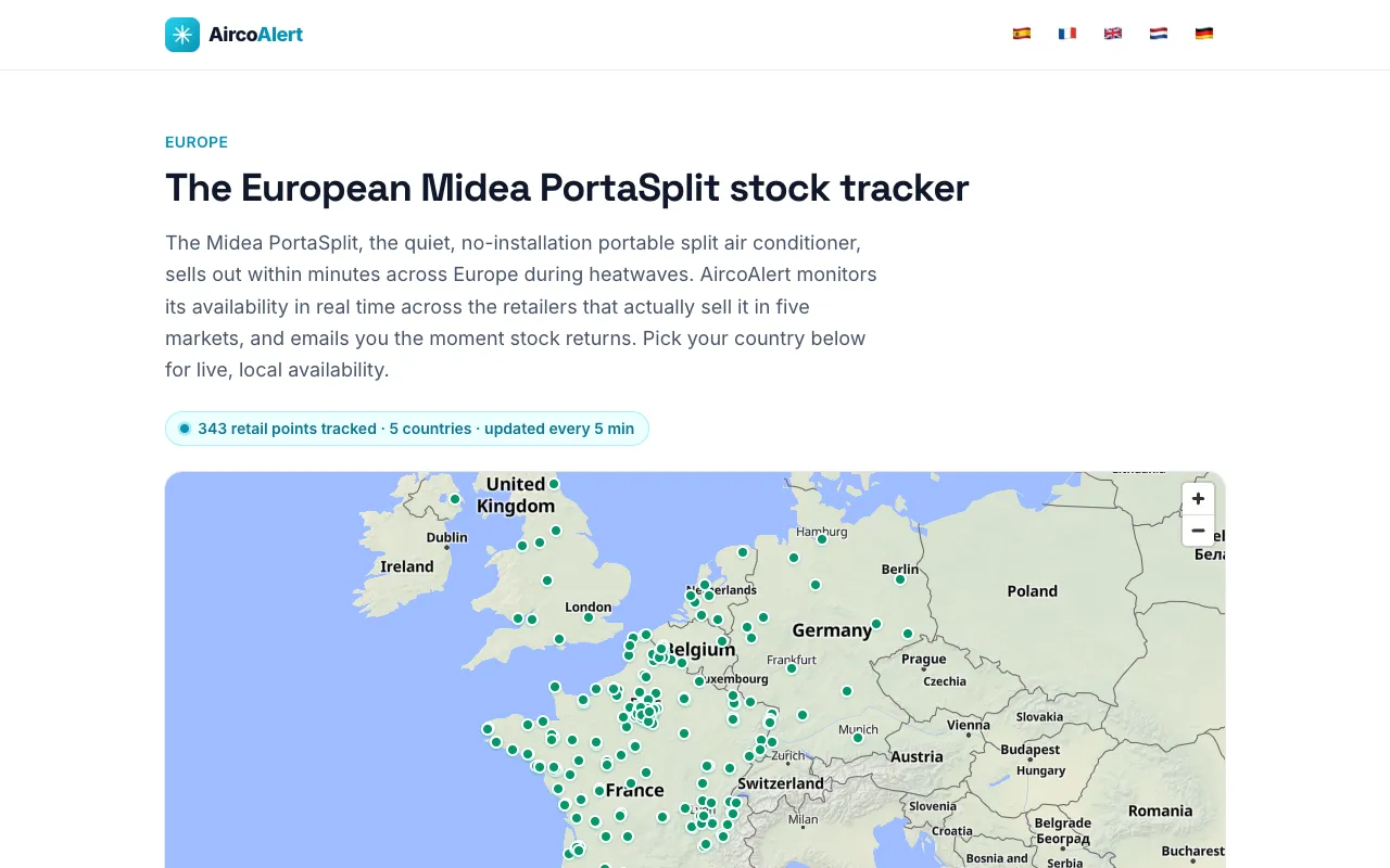 AircoAlert homepage preview