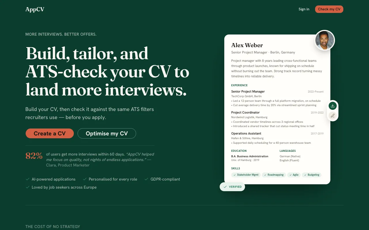 AppCV homepage preview