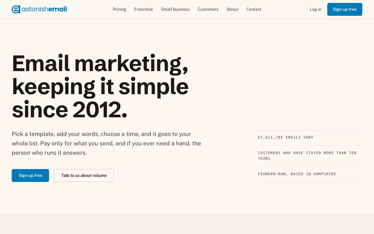 Astonish Email homepage preview