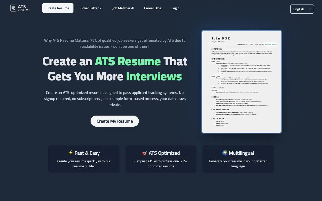 ATS Resume homepage preview
