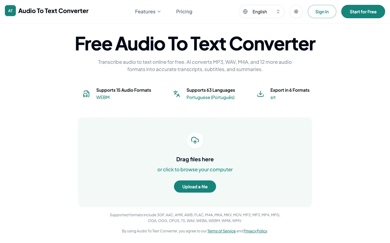 Audio To Text Converter homepage preview