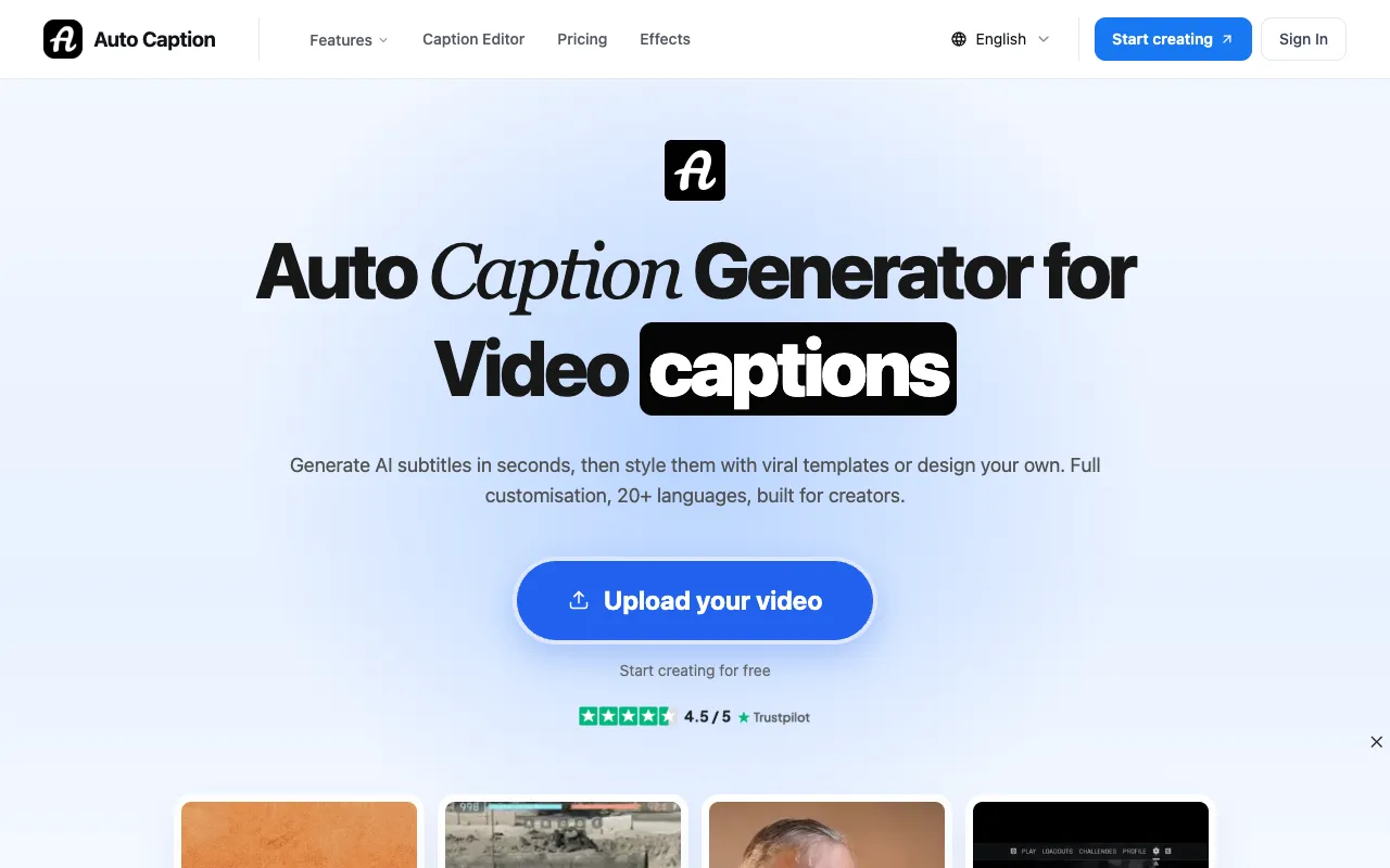 Auto Caption homepage preview