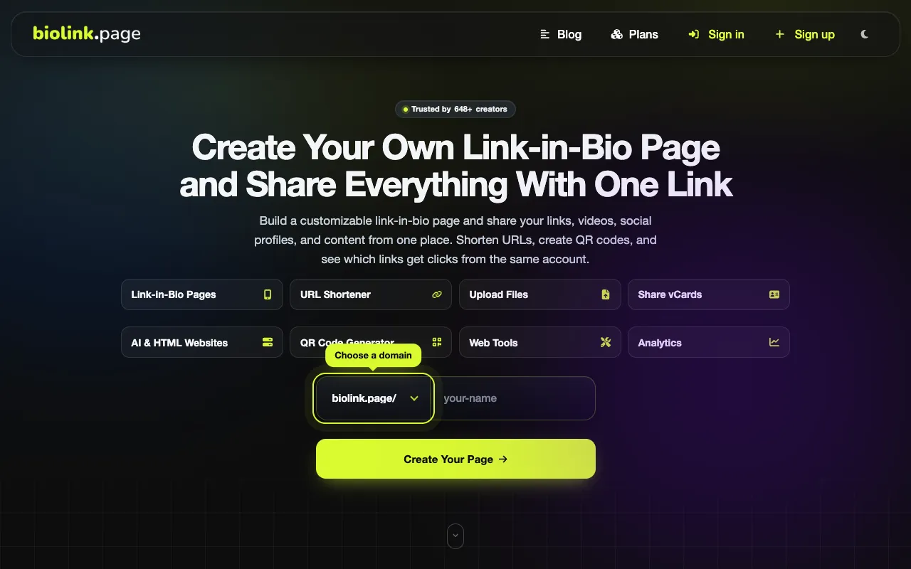 BioLink.page homepage preview