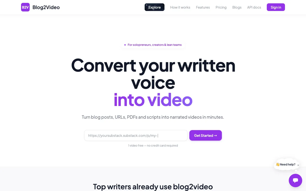 Blog2Video homepage preview