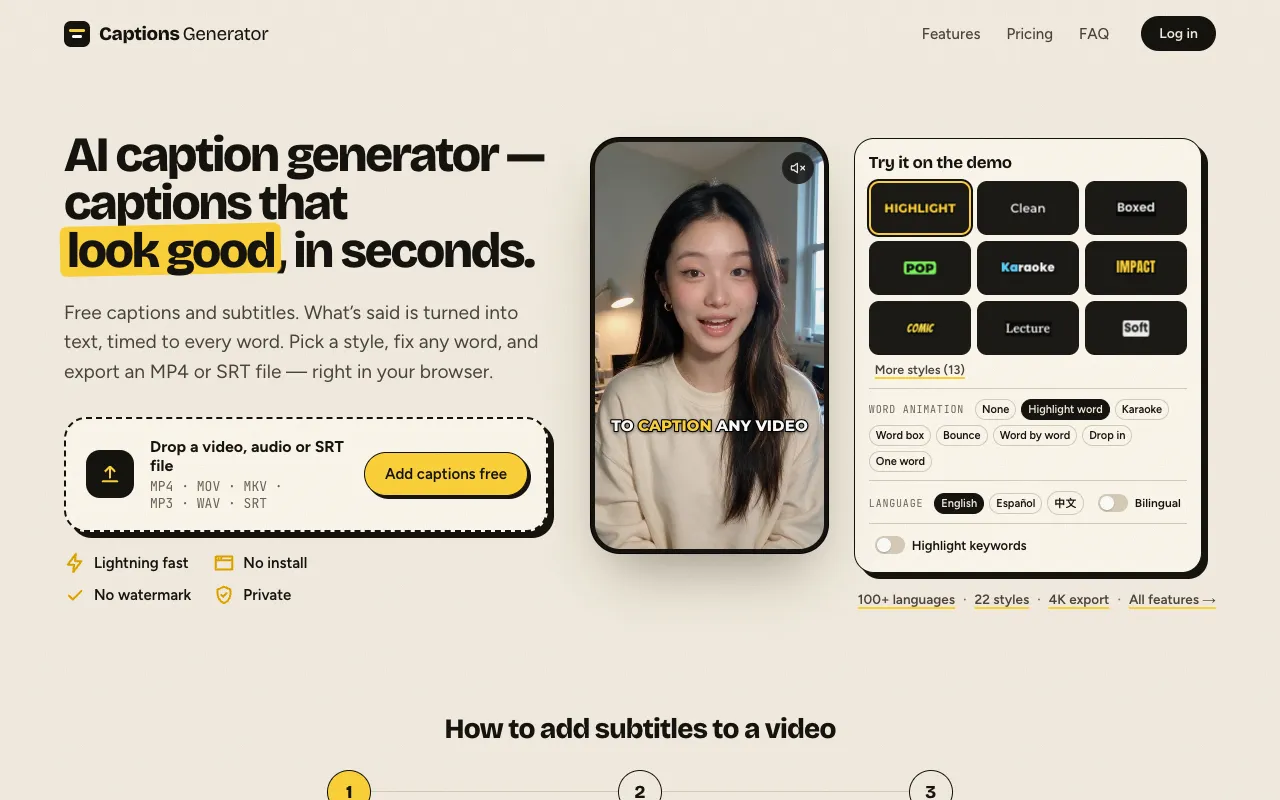 Captions Generator homepage preview