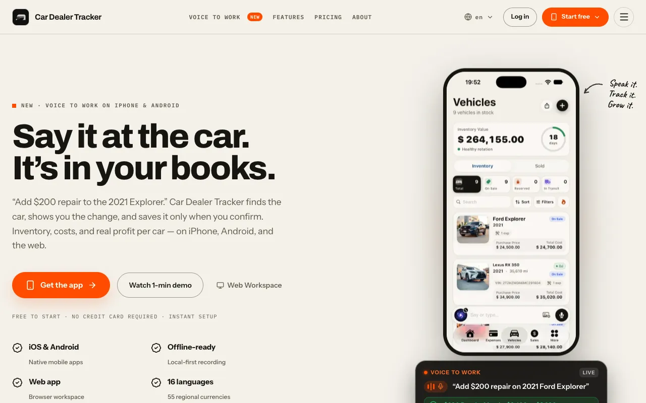 Car Dealer Tracker homepage preview