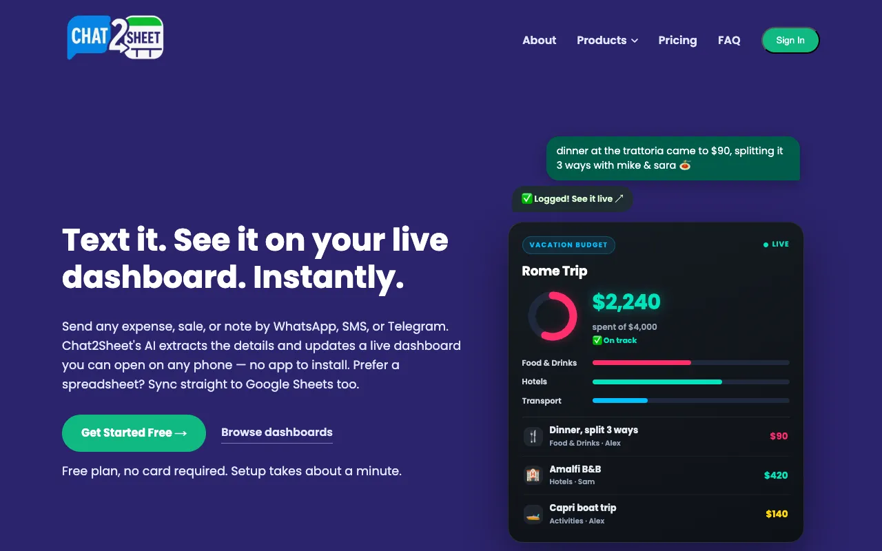 Chat2Sheet homepage preview