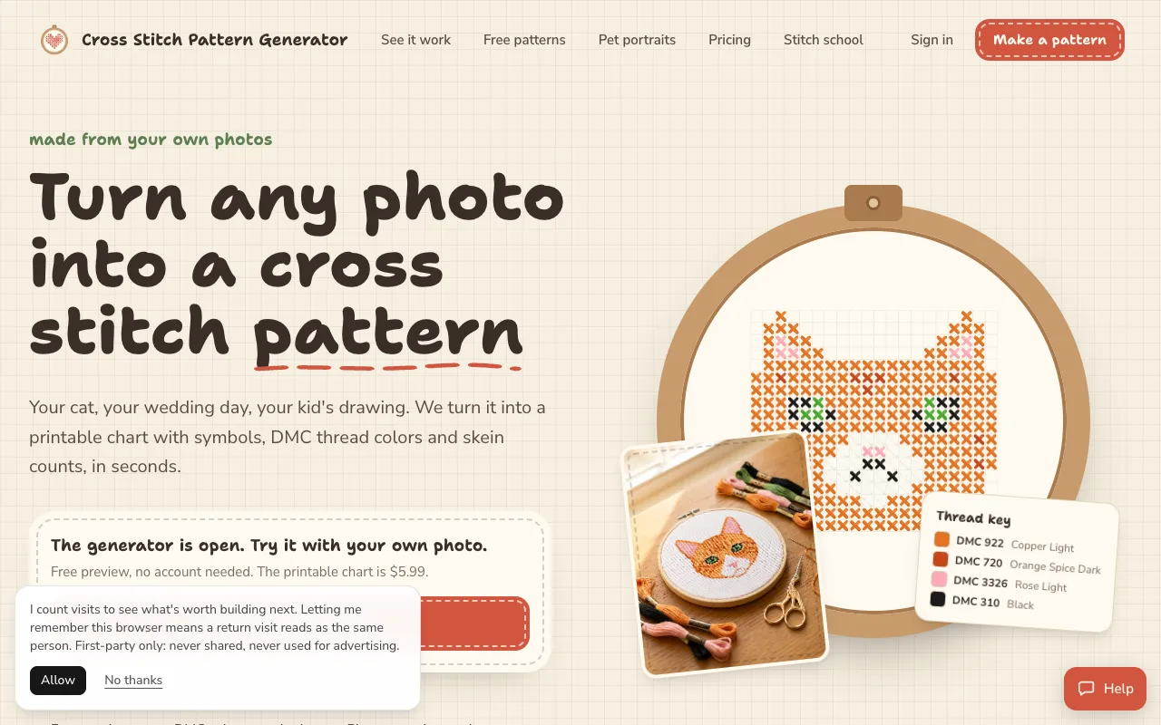 Cross Stitch Pattern Generator homepage preview