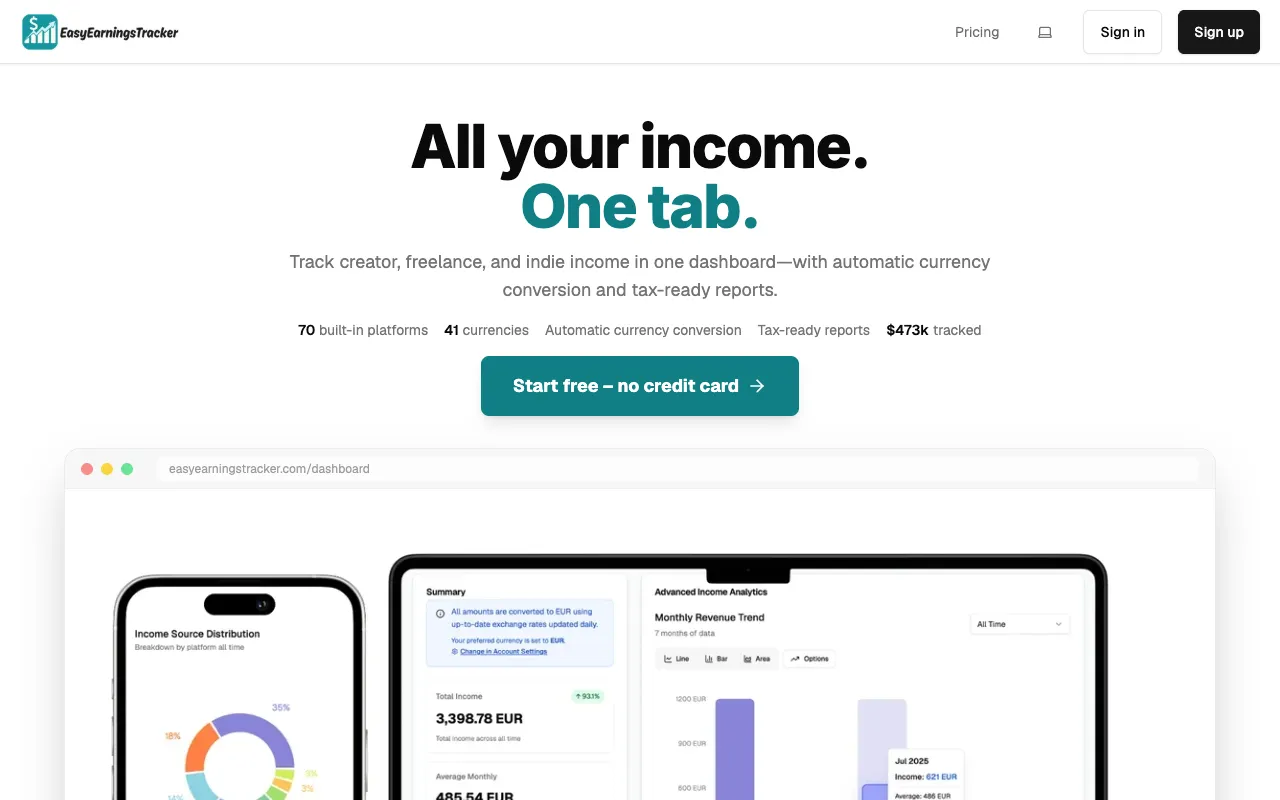 Easy Earnings Tracker homepage preview