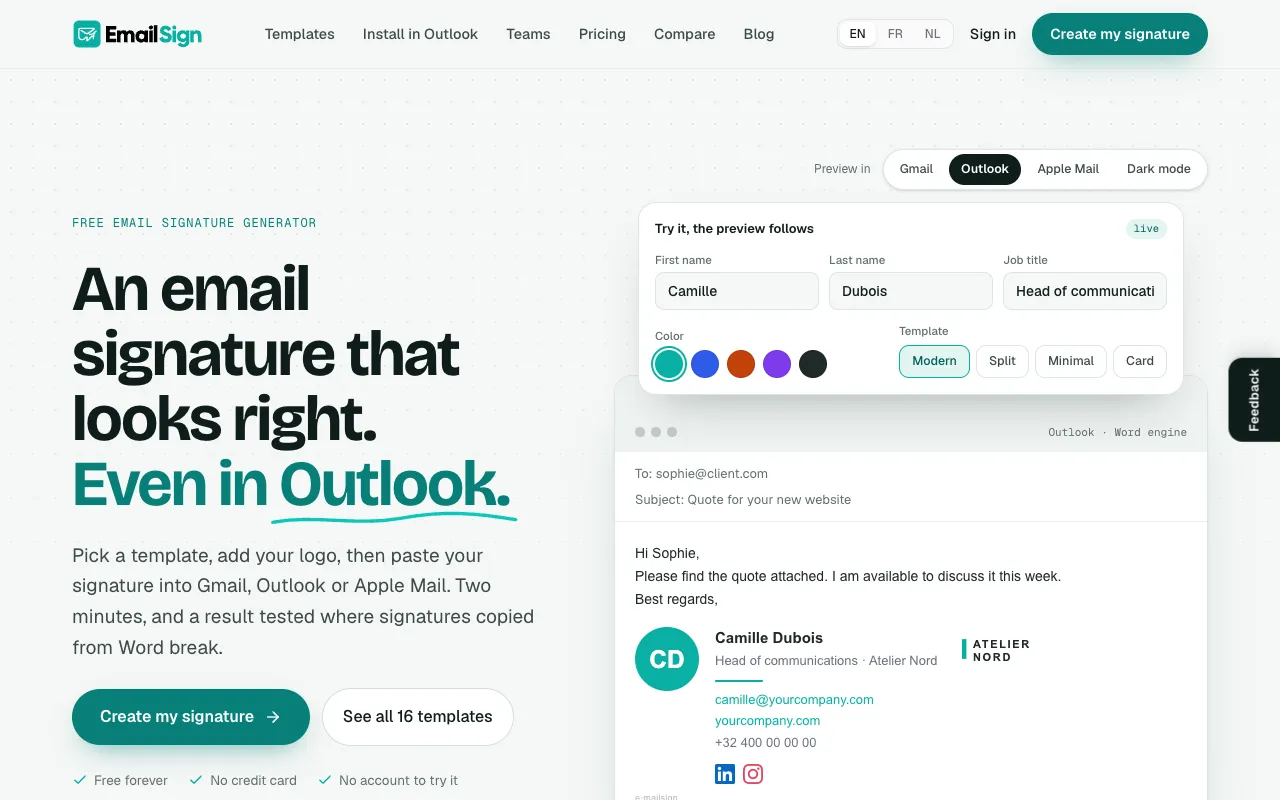 EmailSign homepage preview