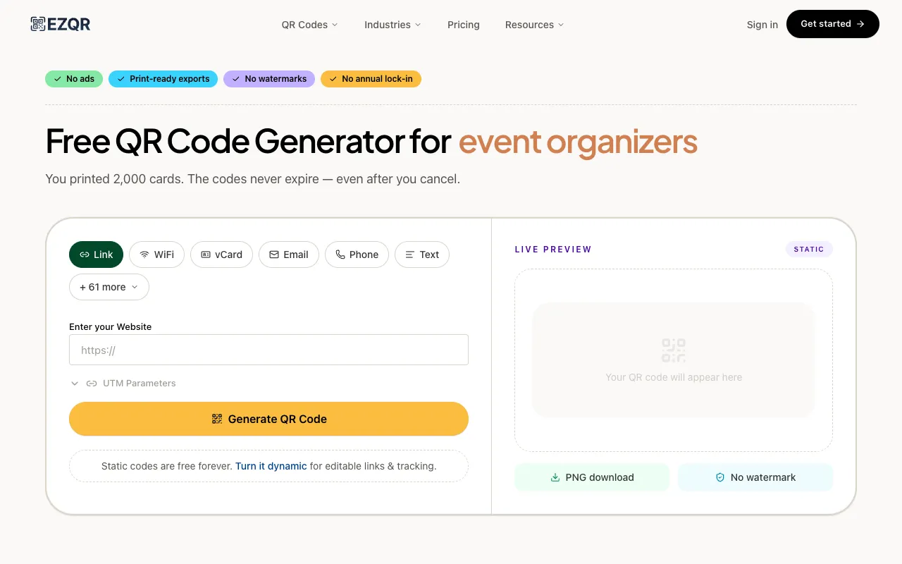 EZQR homepage preview