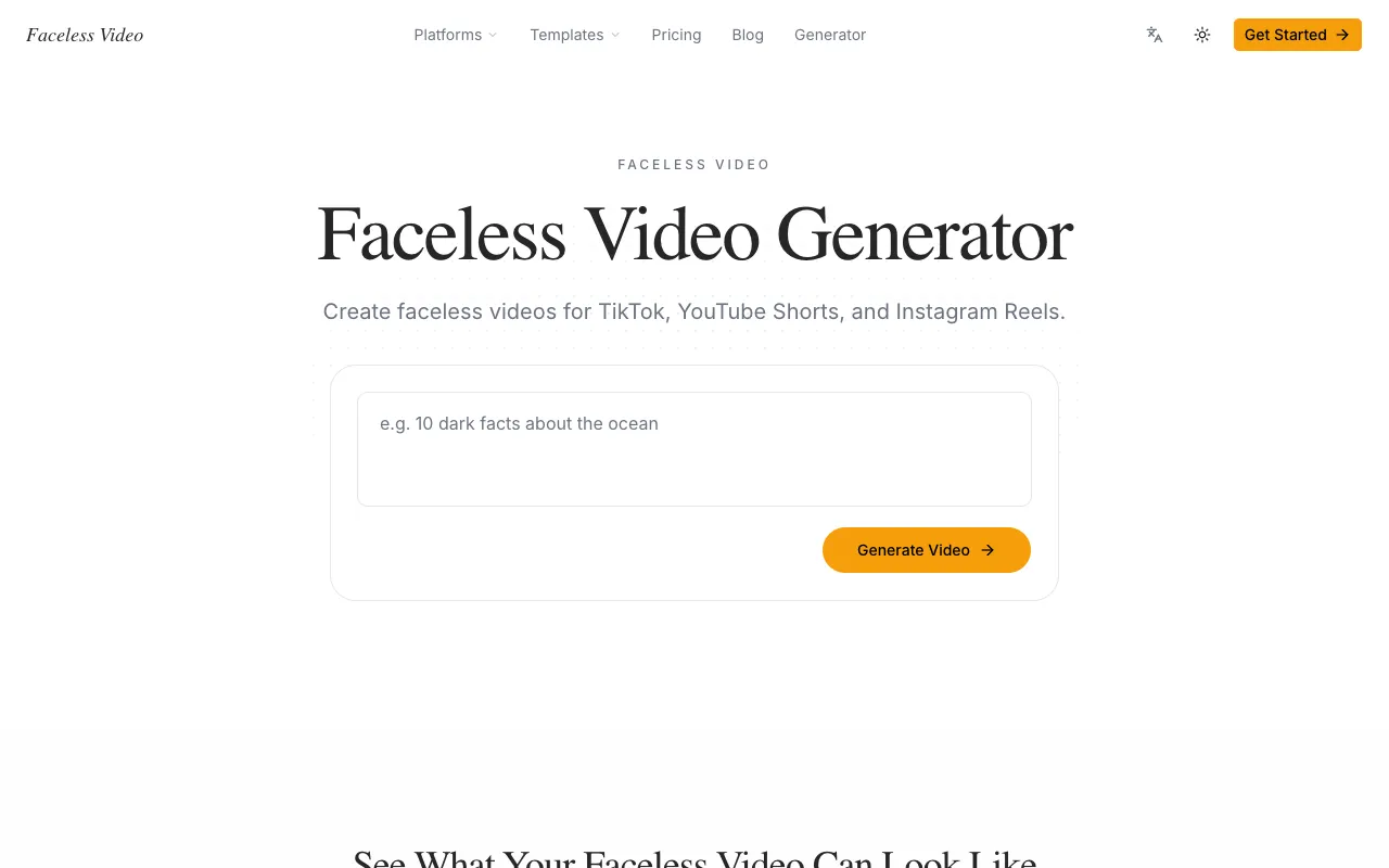 Faceless Video homepage preview