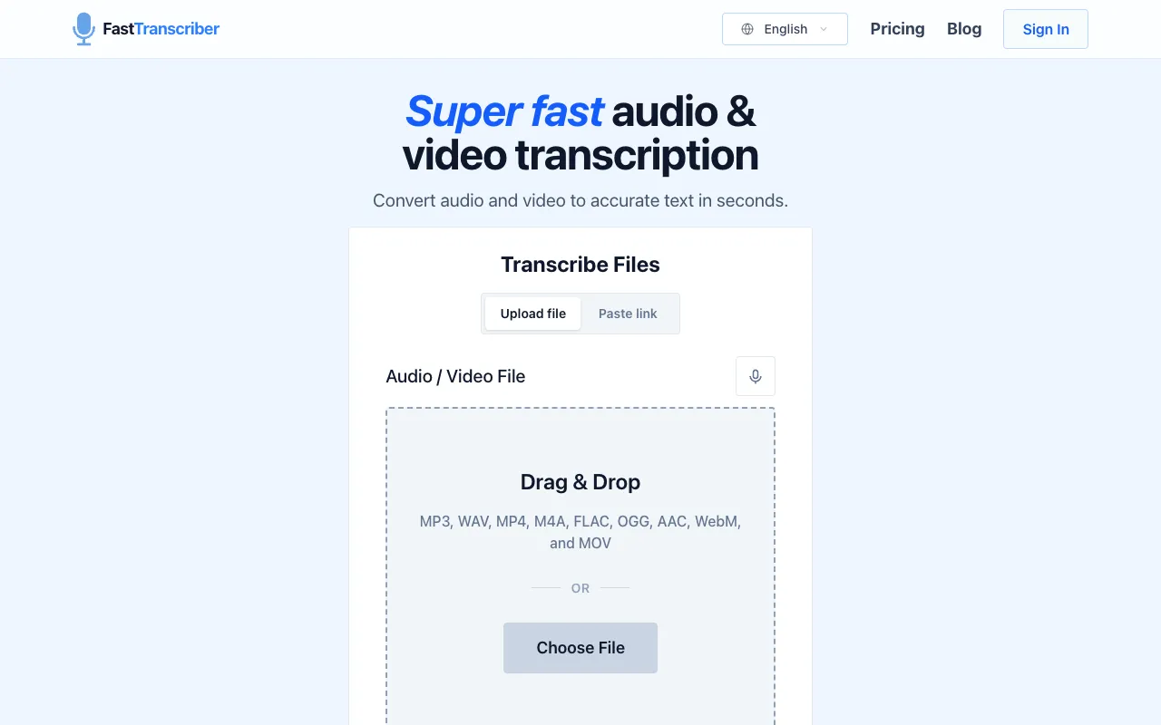 FastTranscriber homepage preview