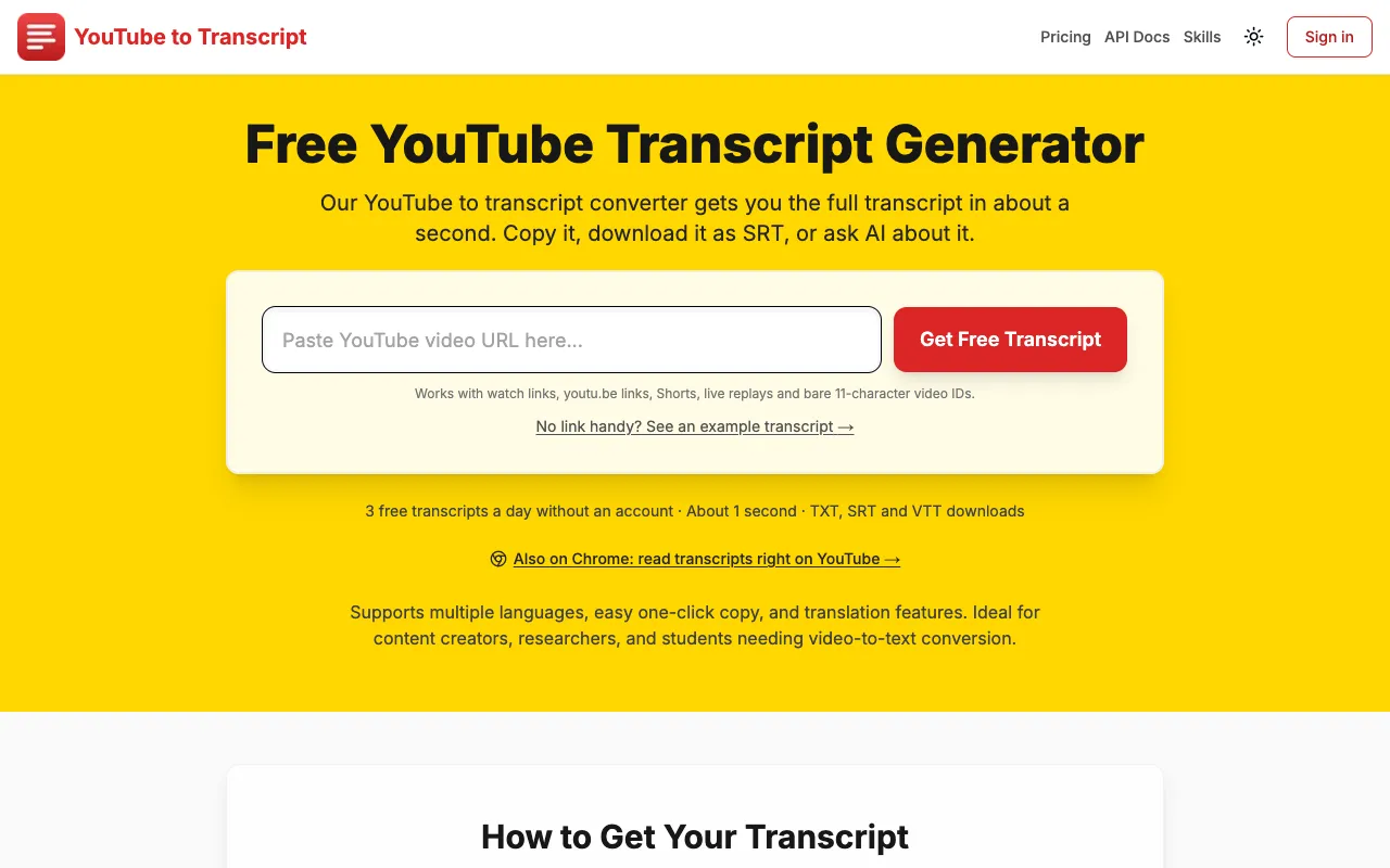 GetYouTubeTranscript homepage preview