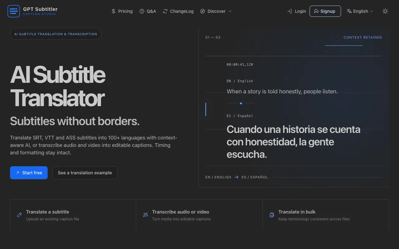 GPT Subtitler homepage preview