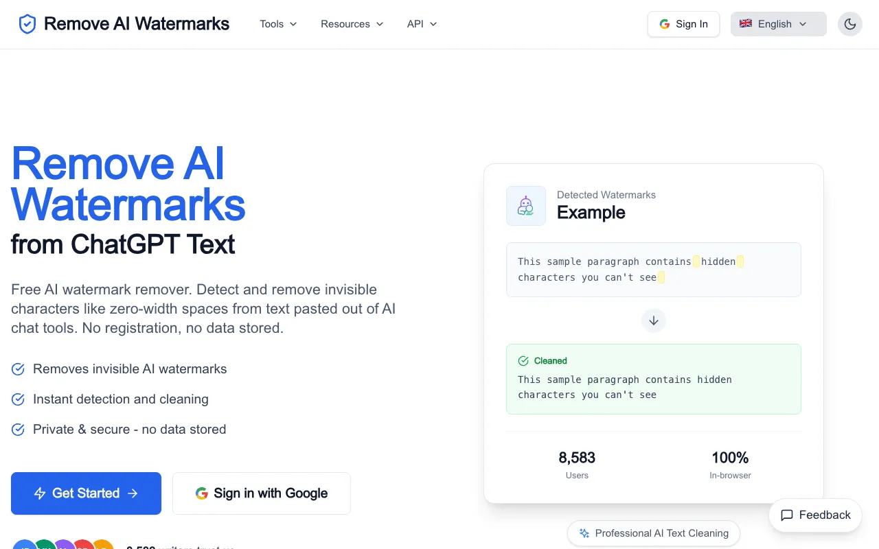 Remove AI Watermarks homepage preview