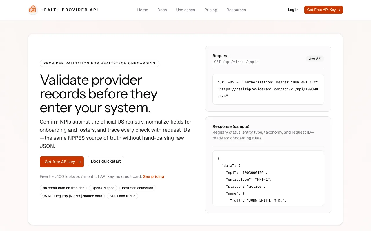 Preview of the HEALTH PROVIDER API website