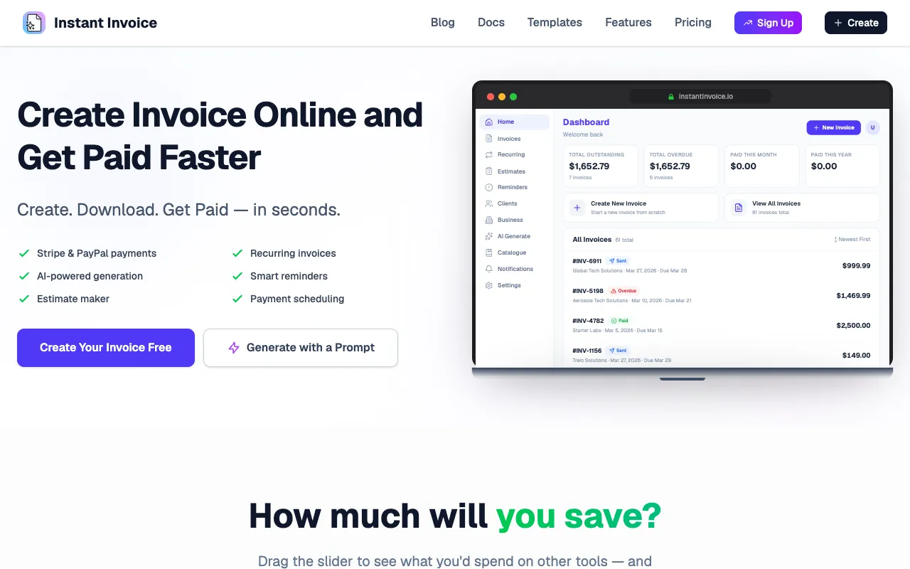 InstantInvoice homepage preview