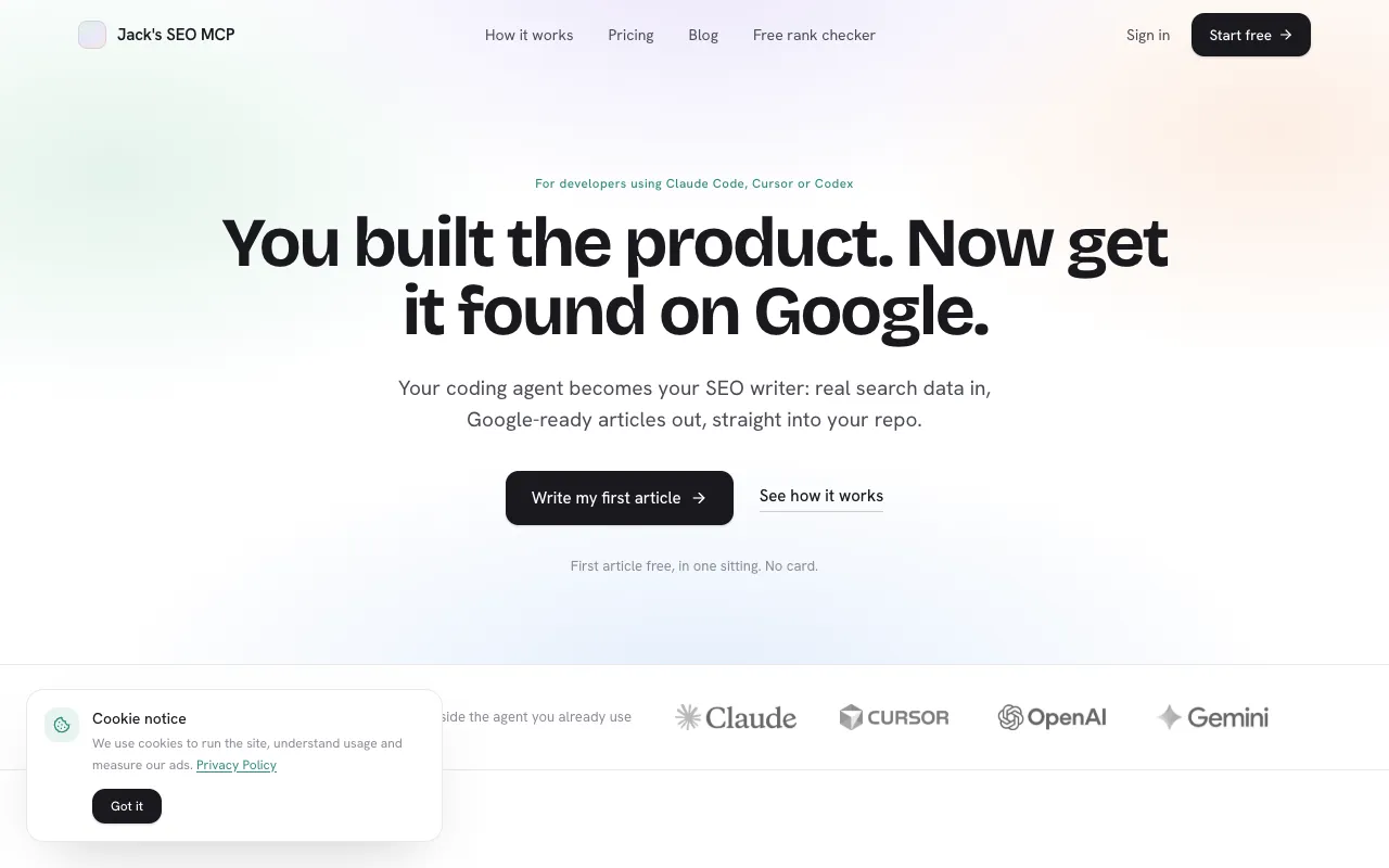 Jack's SEO MCP homepage preview