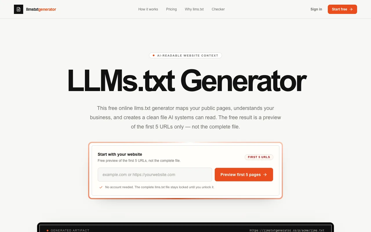 Preview of the LLMs.txt Generator website