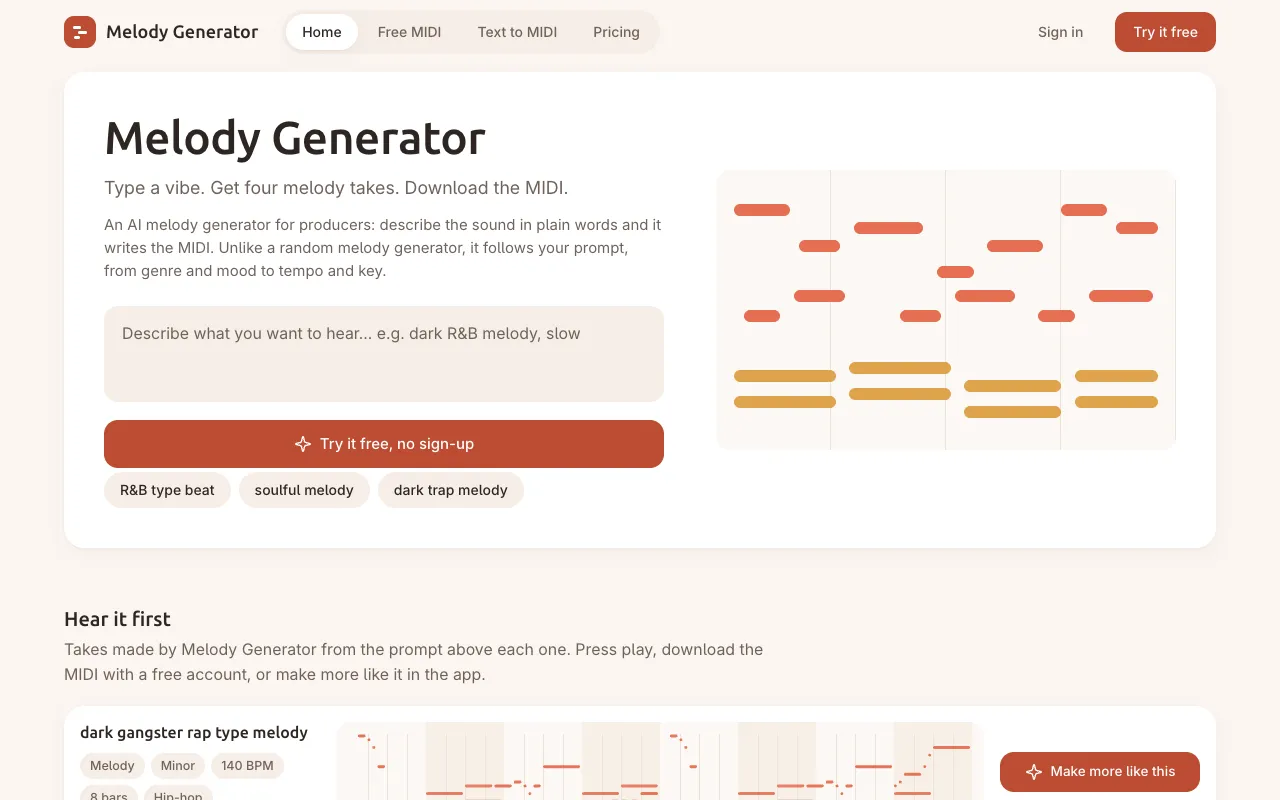 Melody Generator homepage preview