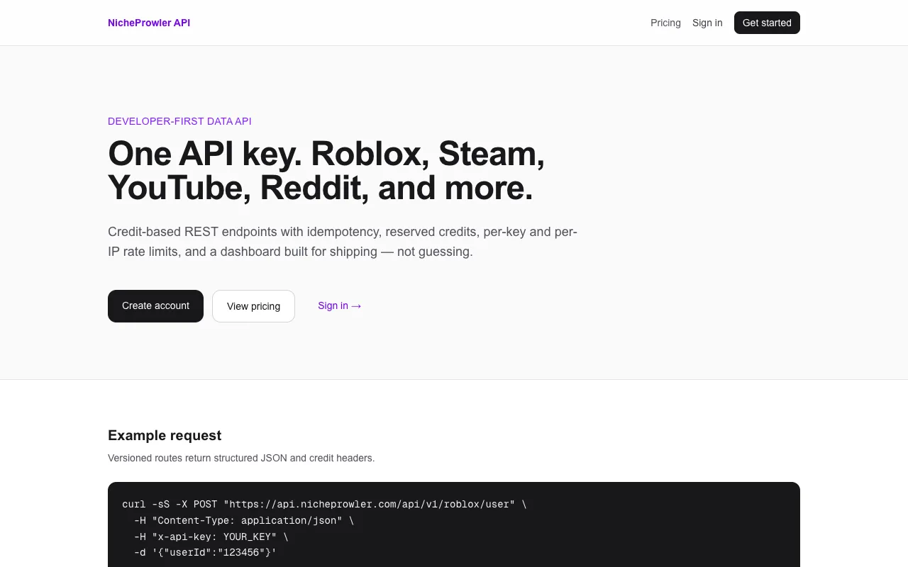 Preview of the NicheProwler API website