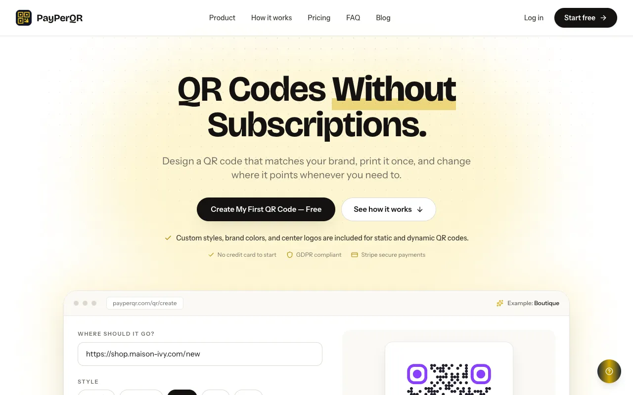Preview of the PayPerQR website