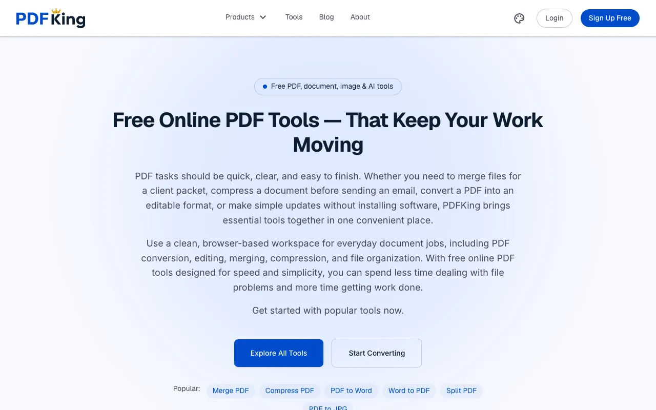 PDFKing homepage preview