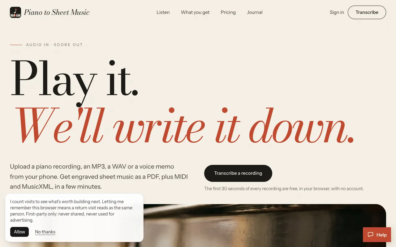Piano to Sheet Music homepage preview