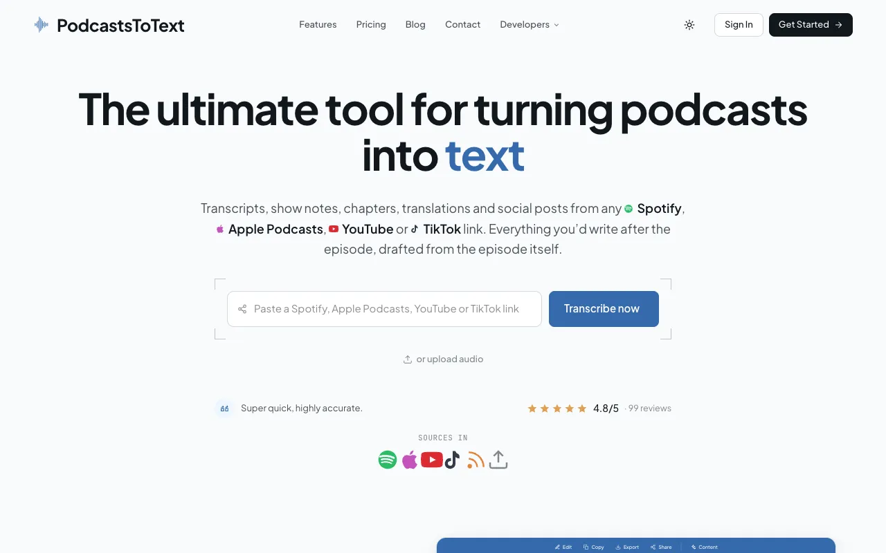 PodcastsToText homepage preview