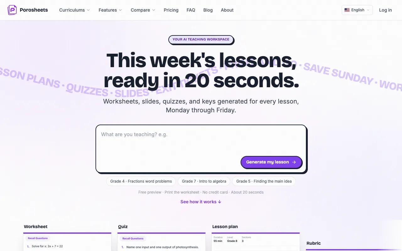 Porosheets homepage preview