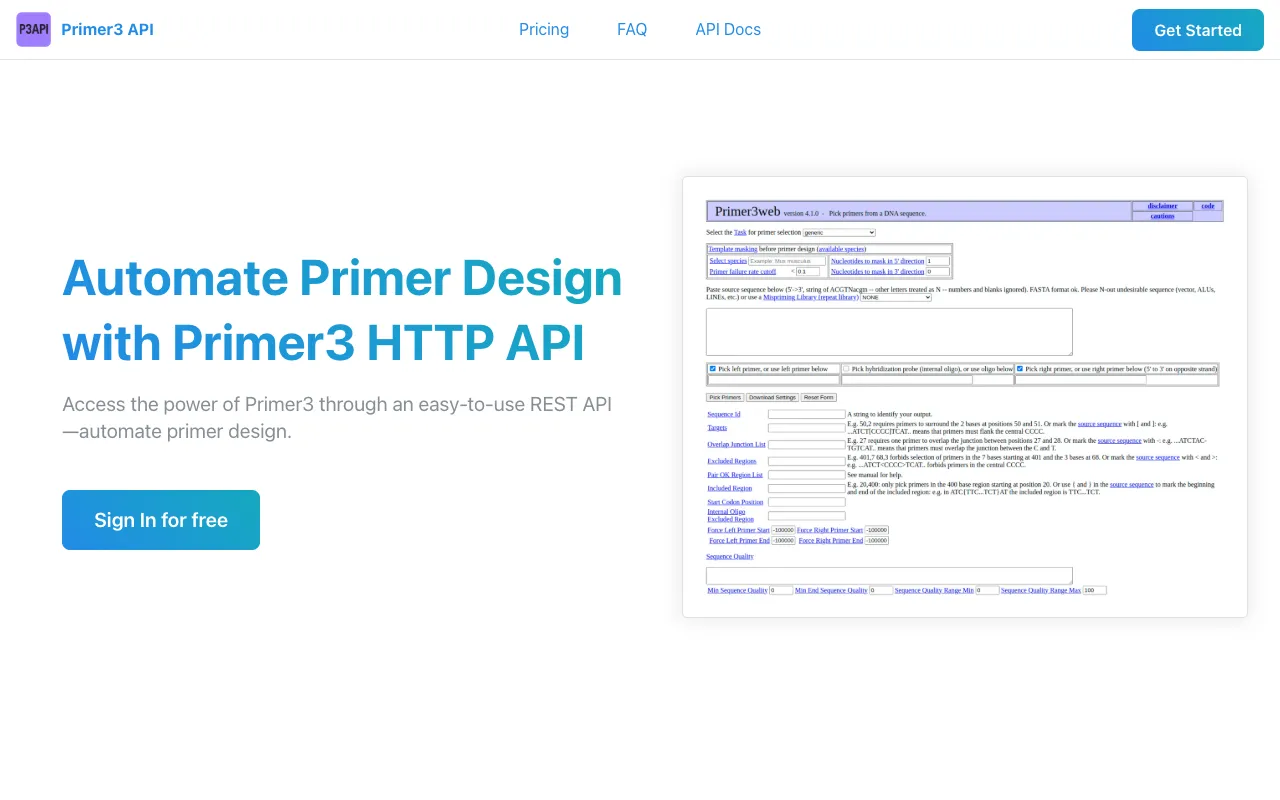 Preview of the Primer3 API website