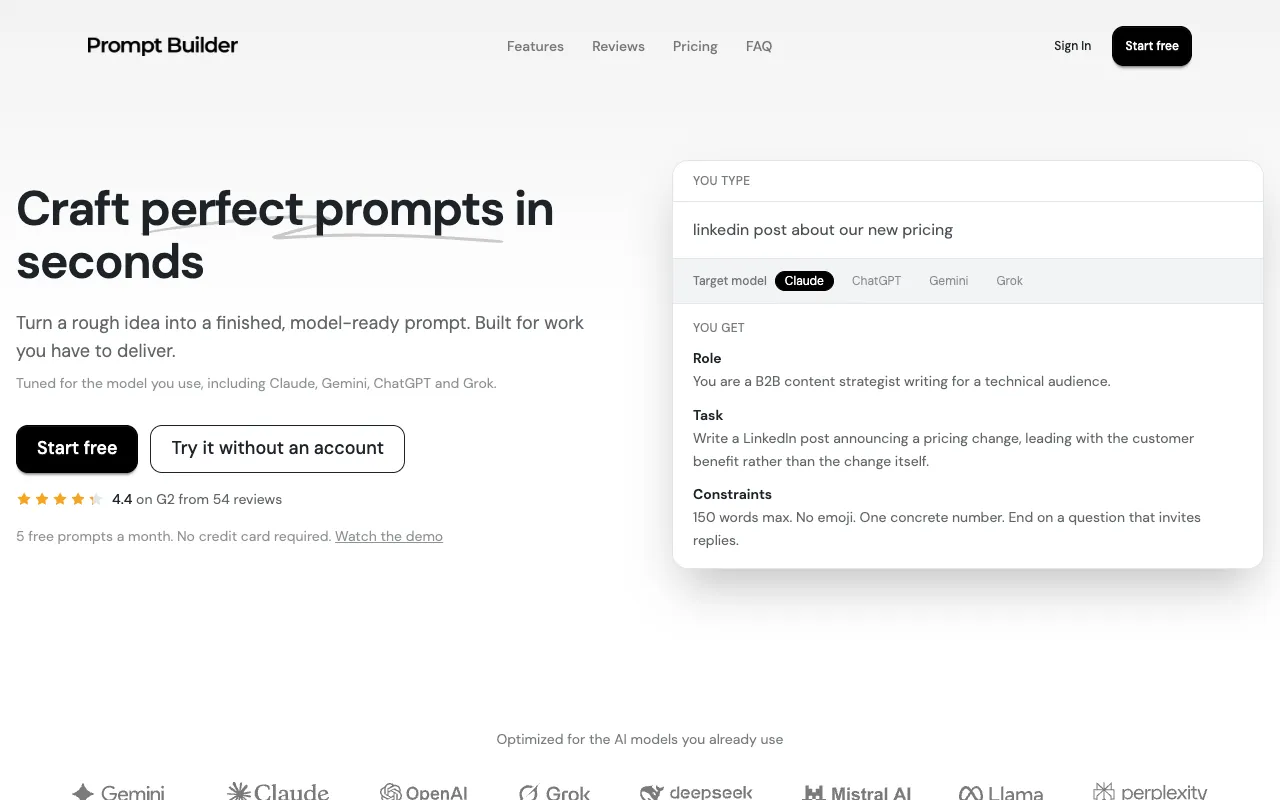 Prompt Builder homepage preview