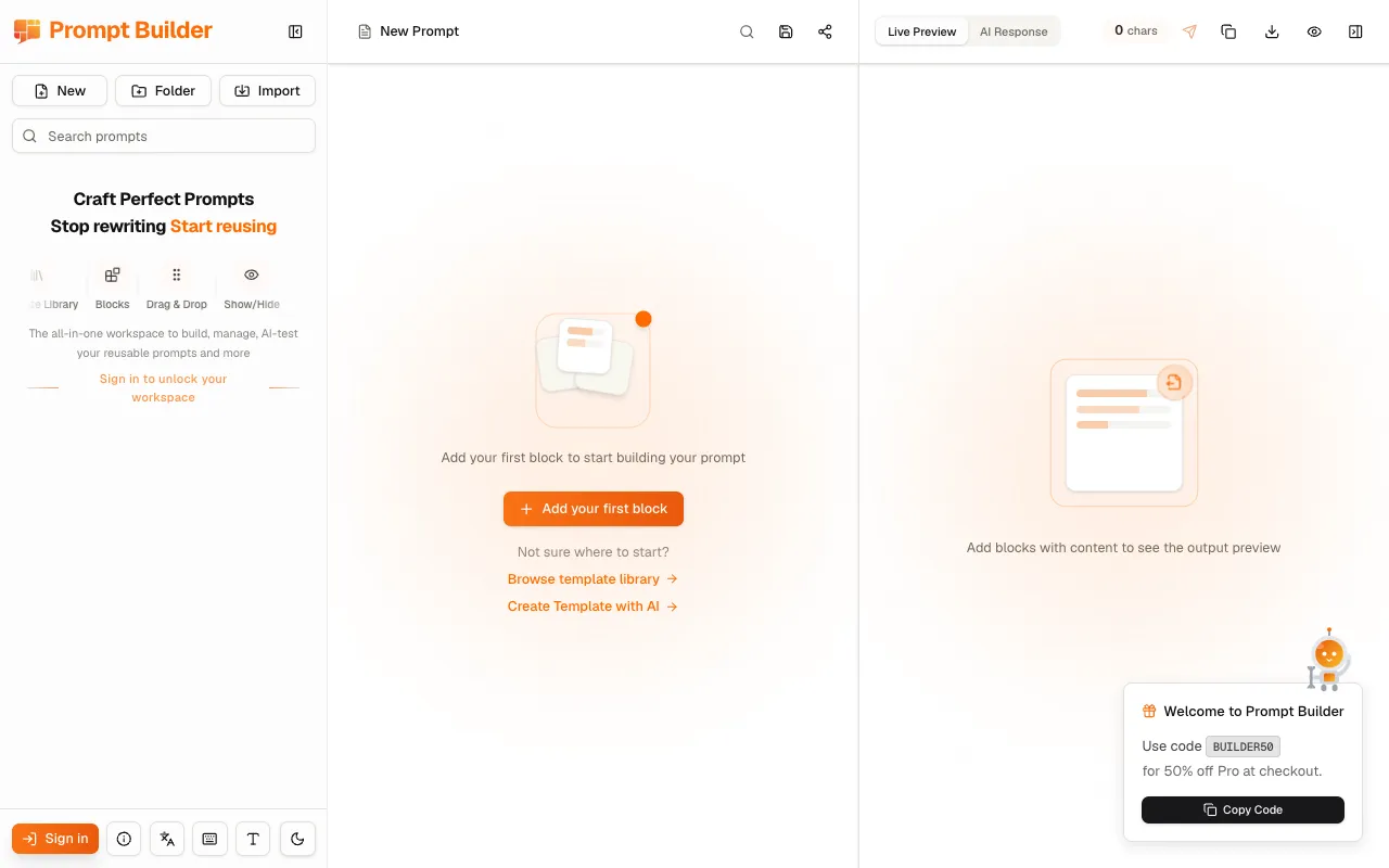 Preview of the Prompt Builder website