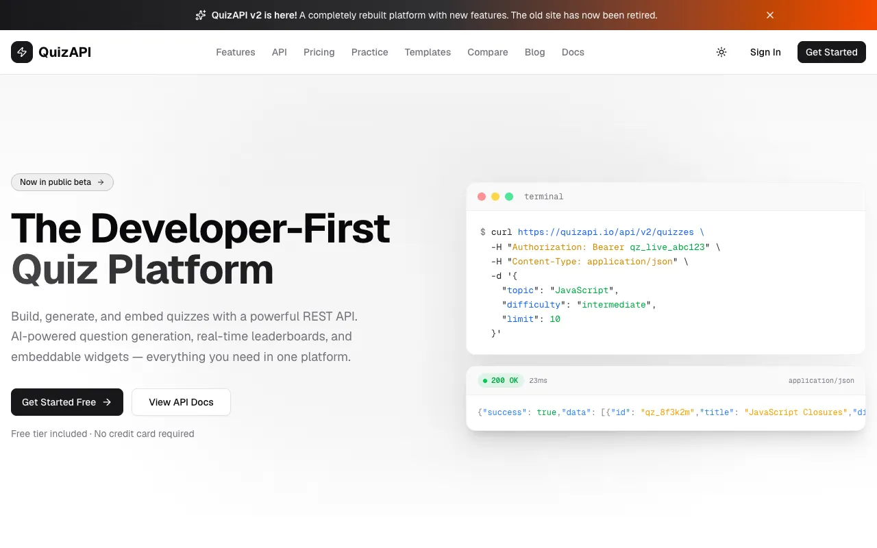 Preview of the QuizAPI website