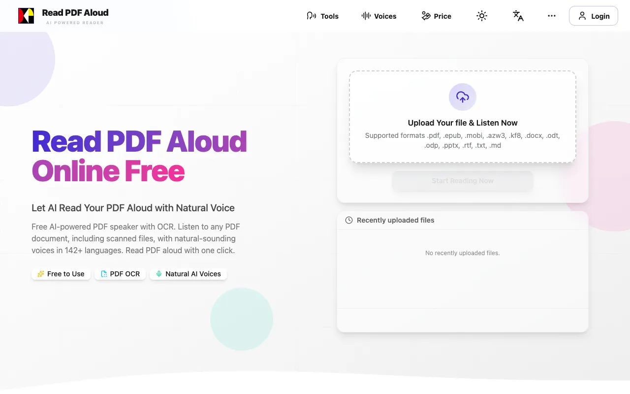 Read PDF Aloud homepage preview