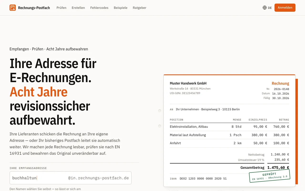 Preview of the Rechnungs-Postfach website