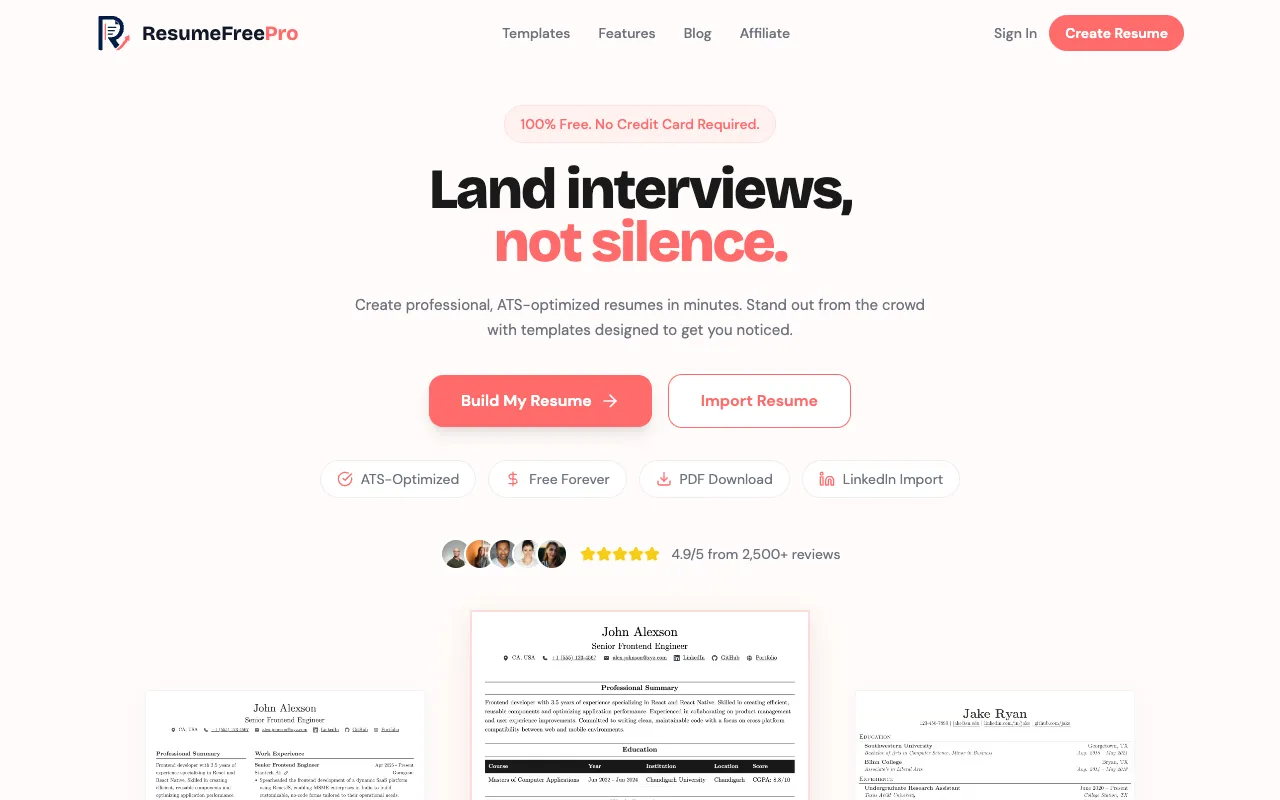 Preview of the ResumeFreePro website