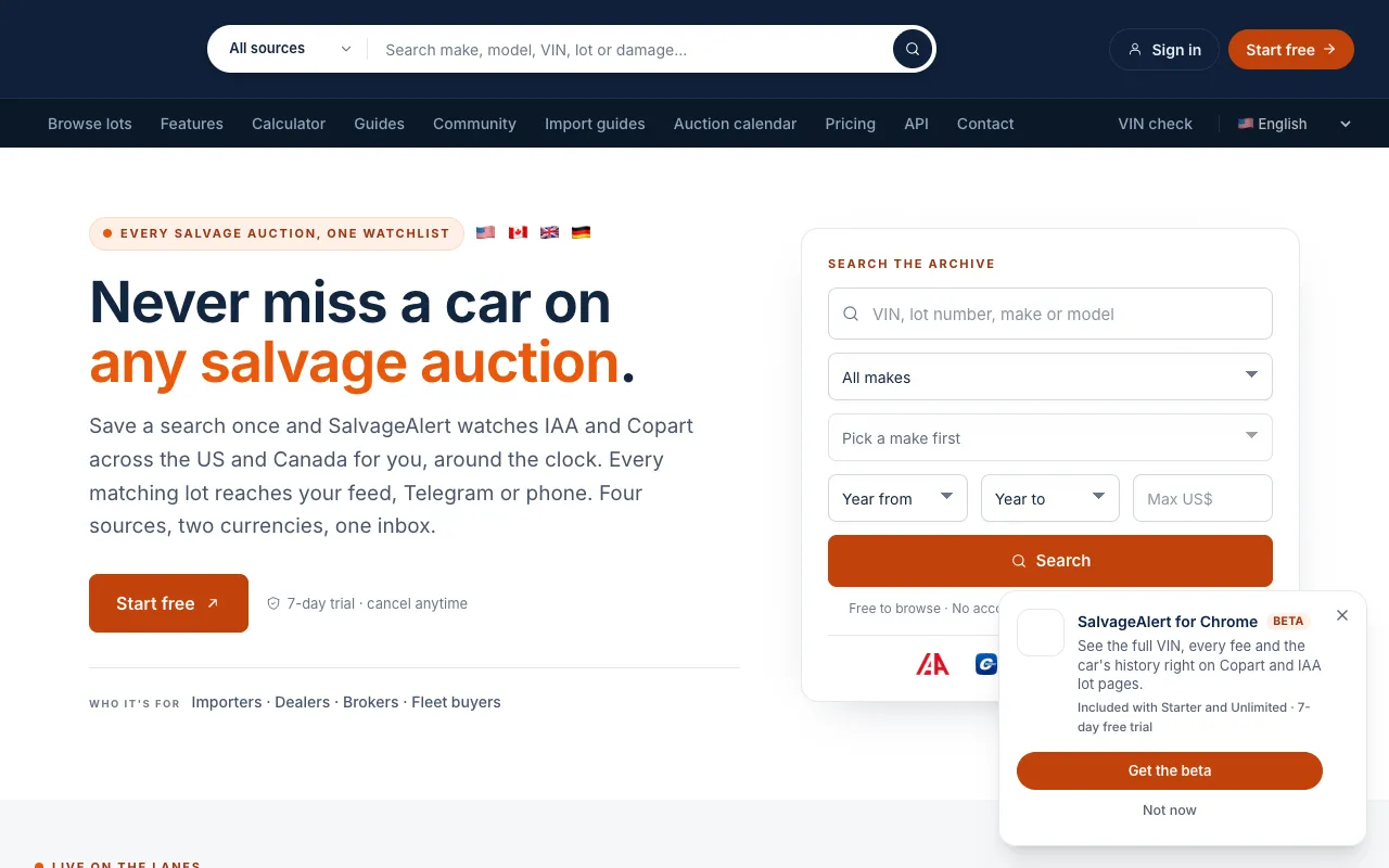 SalvageAlert homepage preview