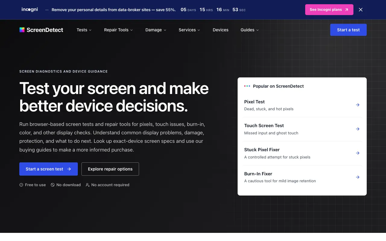 Preview of the ScreenDetect website
