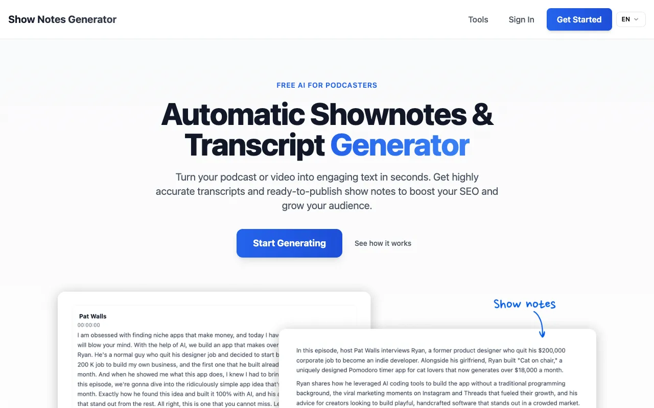 Show Notes Generator homepage preview