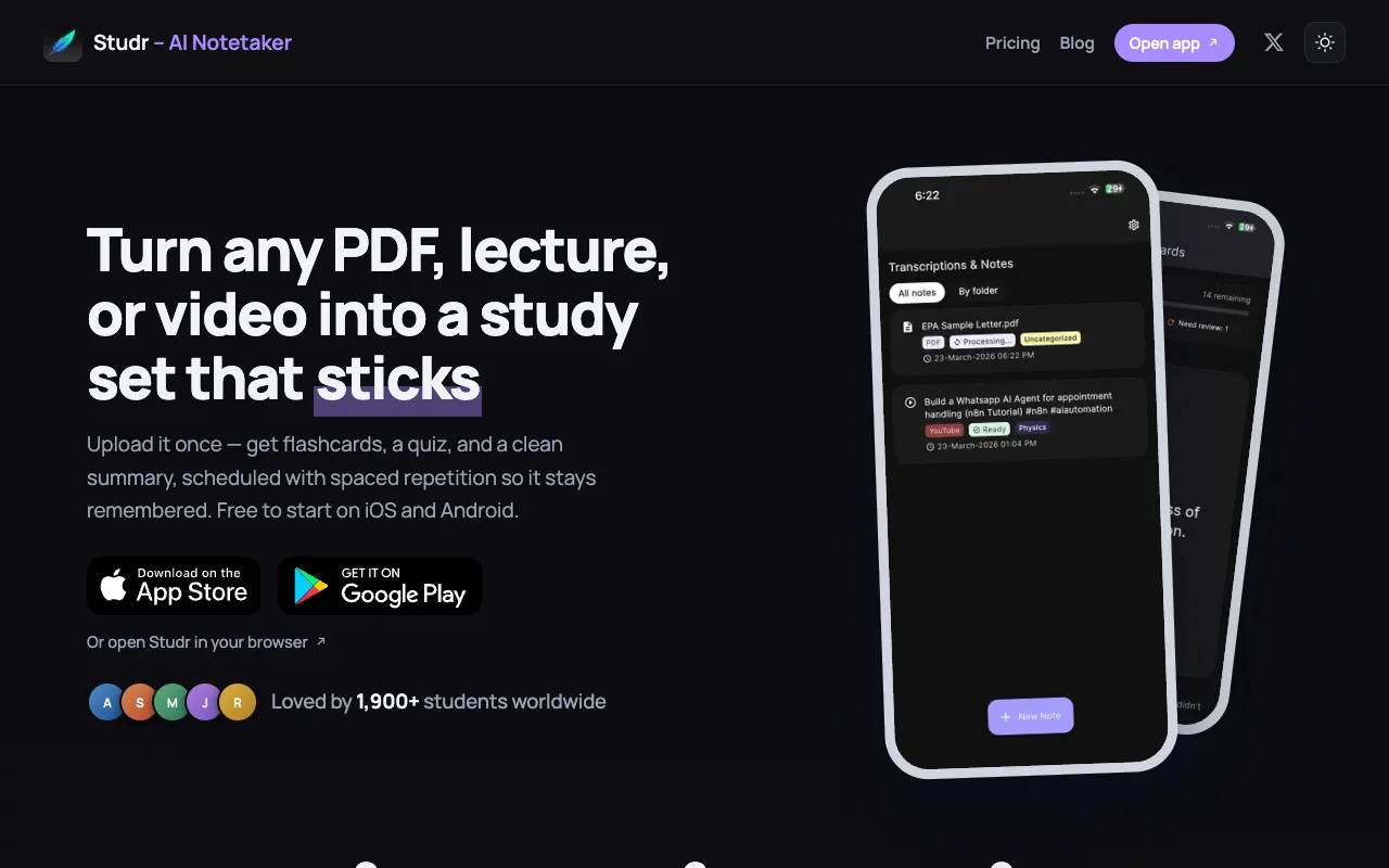 Studr homepage preview